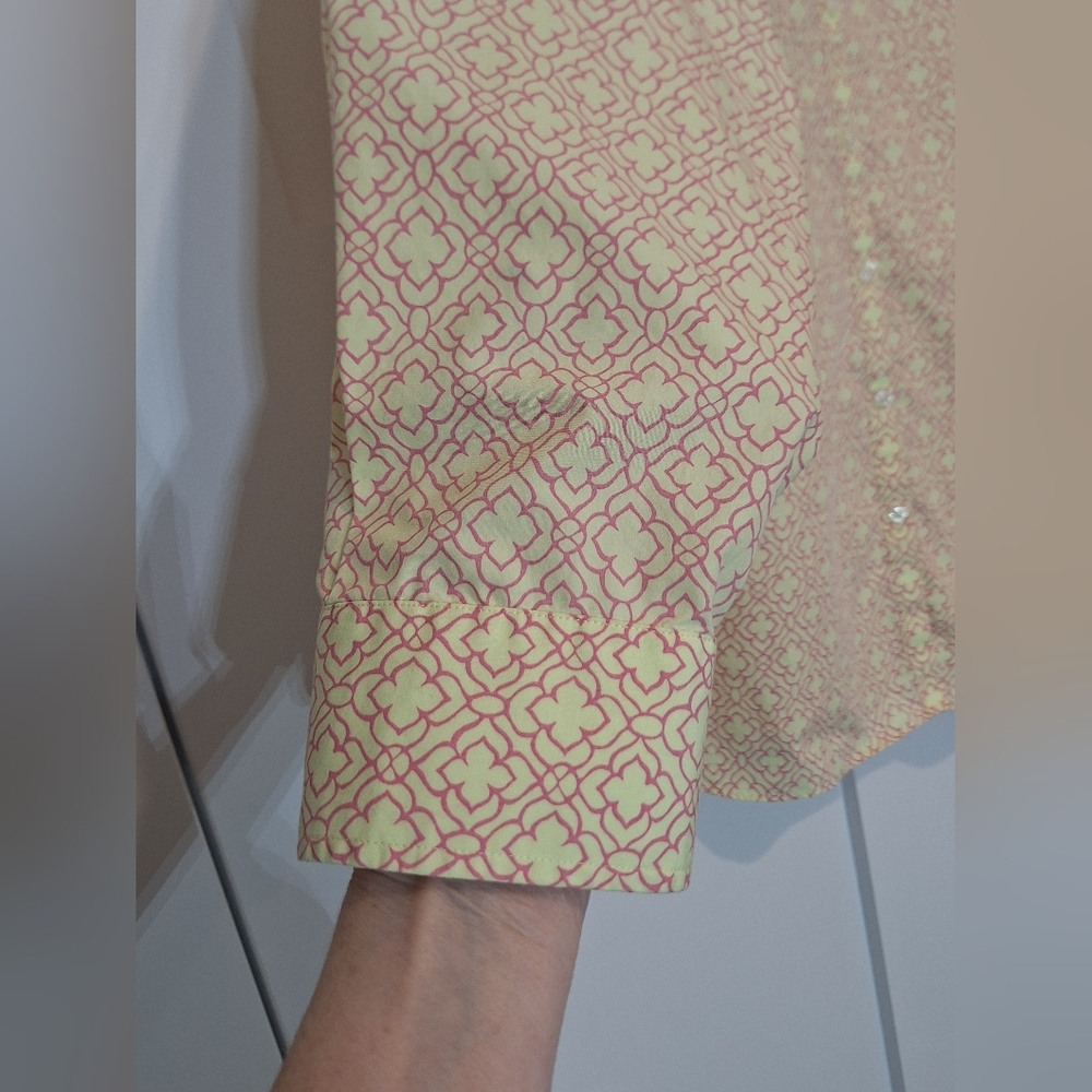 Lands' End No Iron Supima Button Down Cotton Shirt Sz 20W Geometric Yellow Pink - Picture 6 of 11
